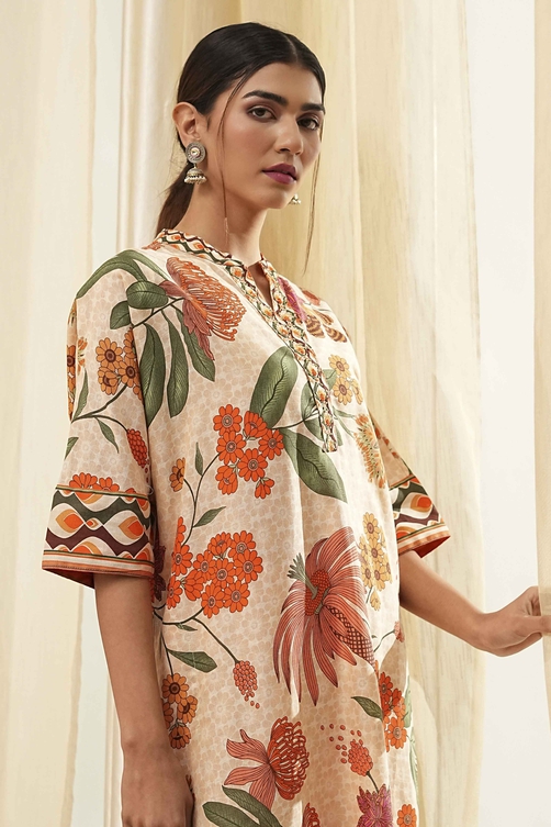 Beige Cotton Blend Straight Kurta Set image number 1