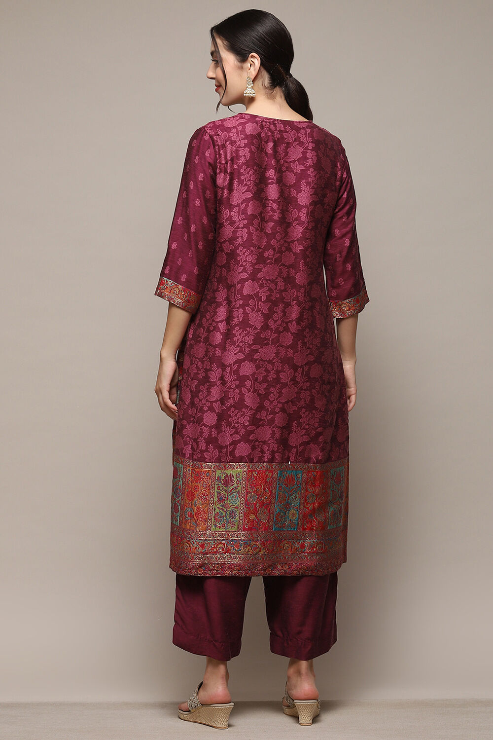 Wine Cotton Straight Yarndyed Kurta Palazzo Suit Set image number 5
