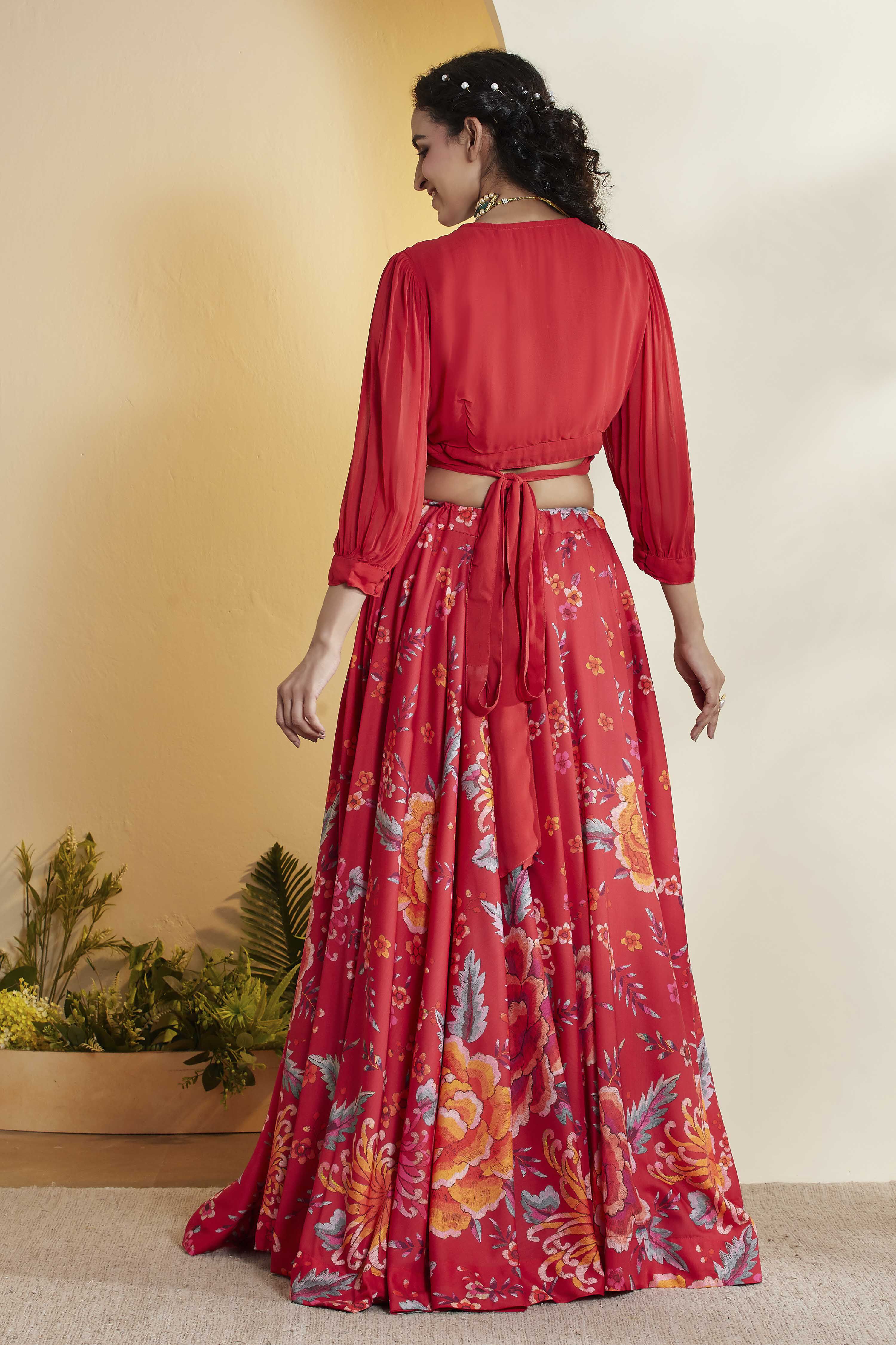 Red Viscose Rayon Front Open Lehenga Set image number 6
