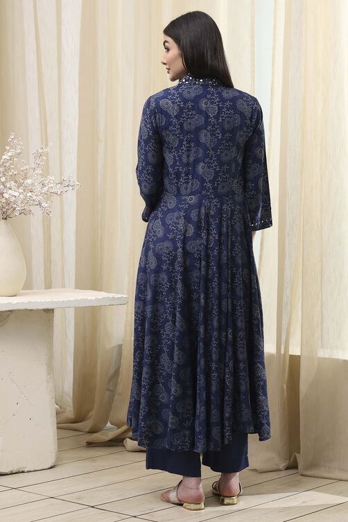 Dark Blue Pure Cotton Angrakha Office Wear Anarkali Suit with Sleek Embroidery work on Neck main image 0