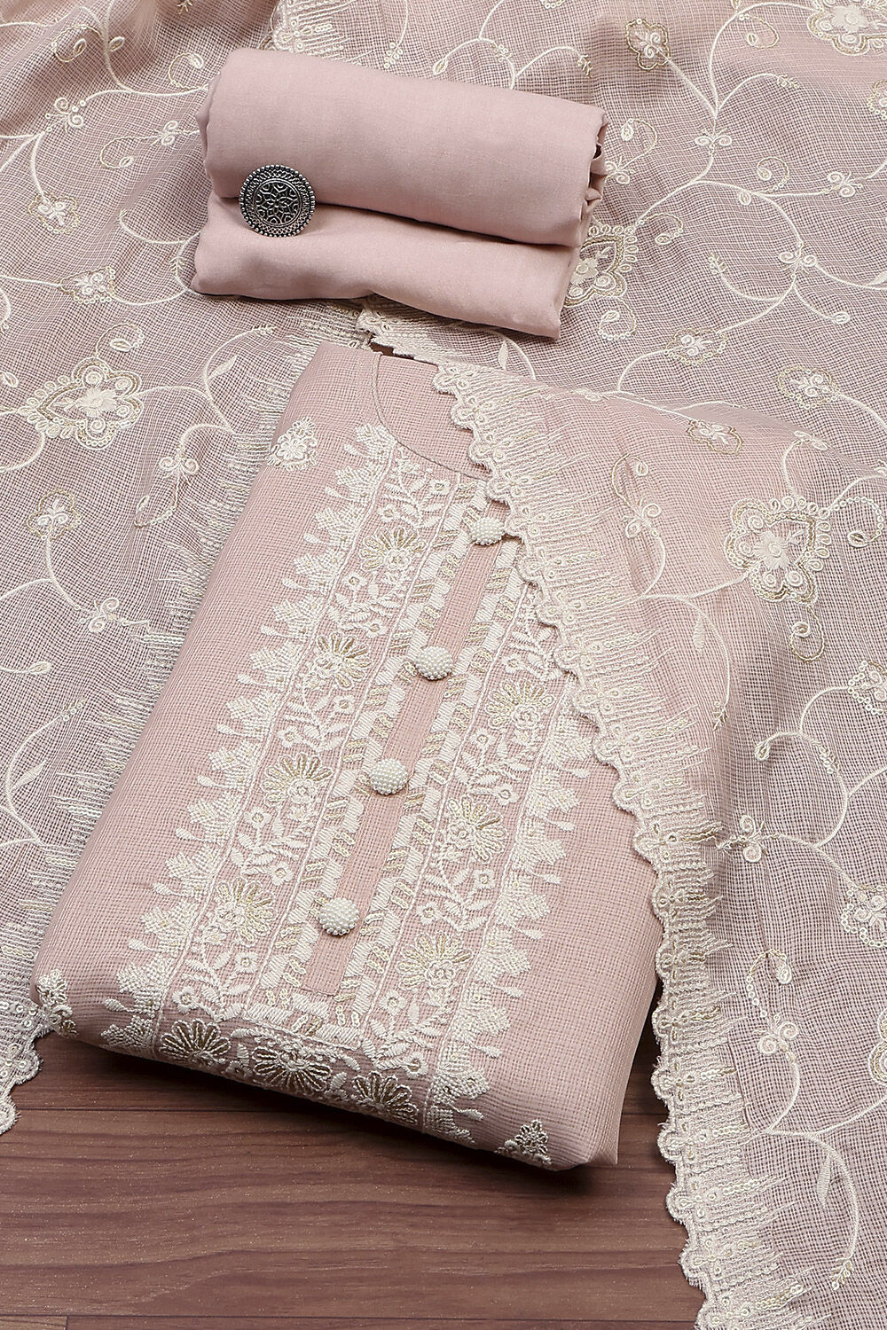Baby Pink Cotton Embroidered Unstitched Suit Set image number 0