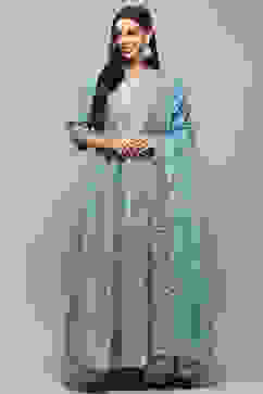 Pastel Blue Cotton Anarkali Kurta Sharara Suit Set image number 7