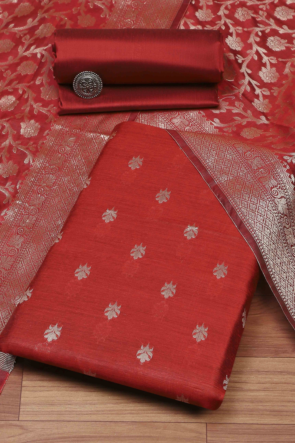 Red Cotton Printed Embroidered Unstitched Suit Set