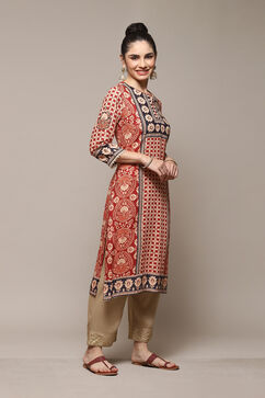 Burnt Orange LIVA Straight Printed Kurta image number 3