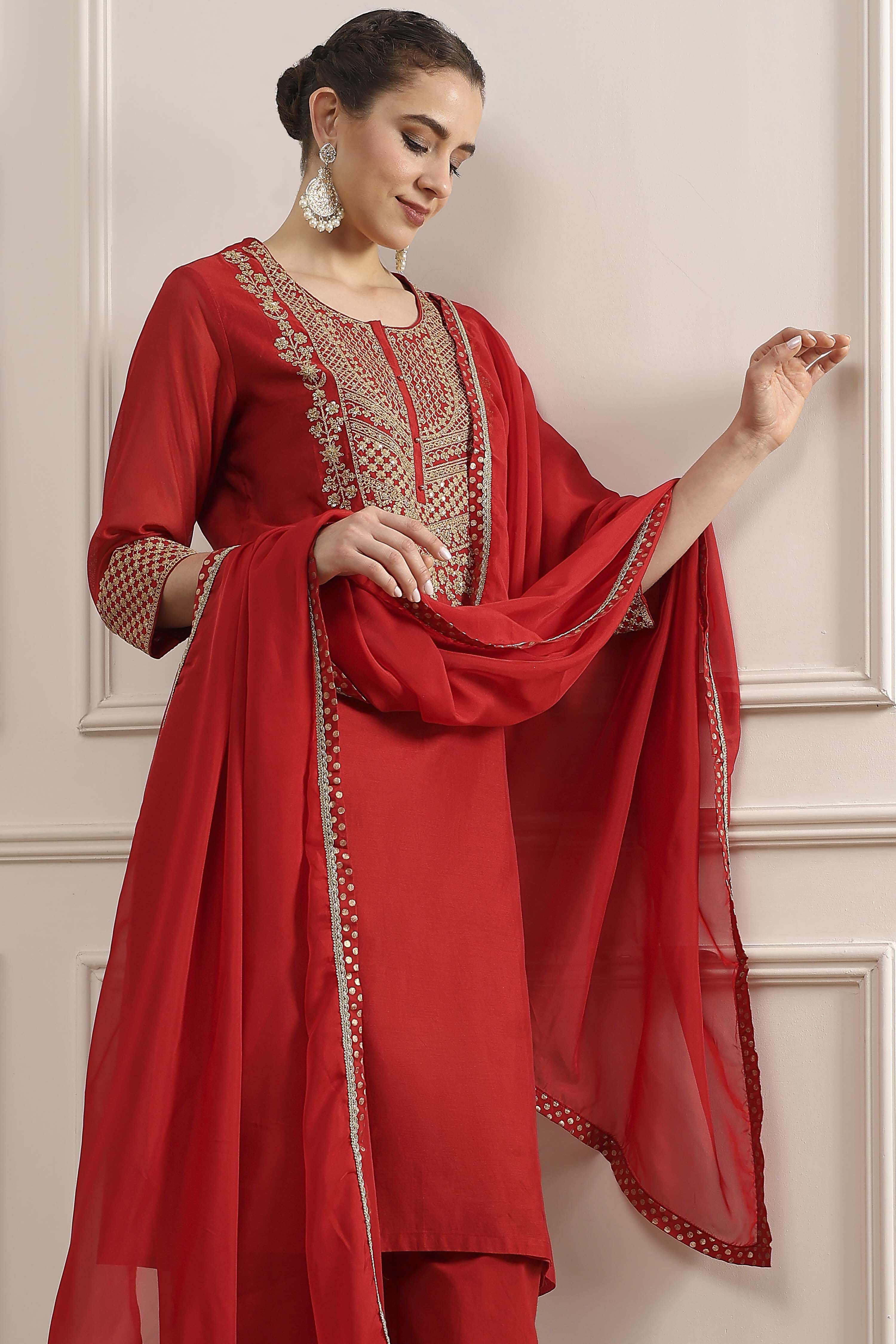 Red Embroidered Art Silk Straight Suit Set image number 7