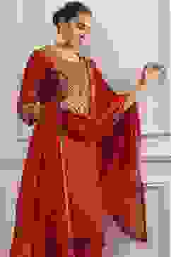 Red Embroidered Art Silk Straight Suit Set image number 7