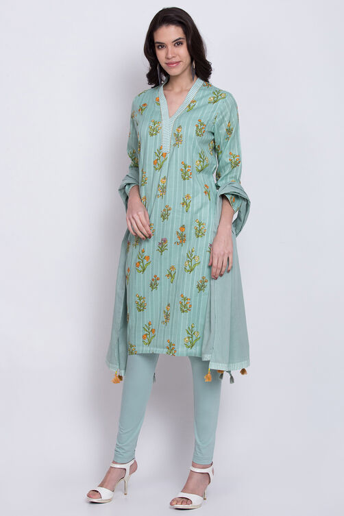 Turquoise Cotton A-Line Kurta Ankle Length Suit Set image number 2