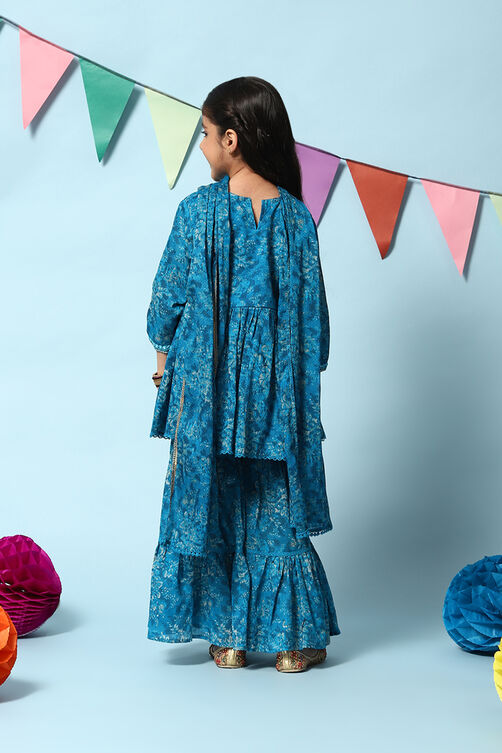Teal Blue Cotton Flared Printed Kurta Garara Suit Set image number 4