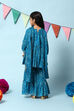 Teal Blue Cotton Flared Printed Kurta Garara Suit Set