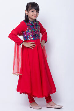 Red Cotton Anarkali Kurta Churidar Suit Set image number 2