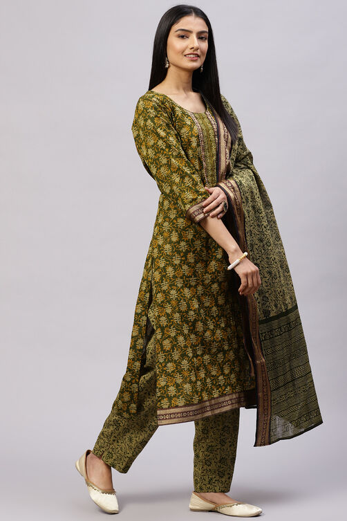 Olive Cotton Woven Unstitched Suit Set image number 0