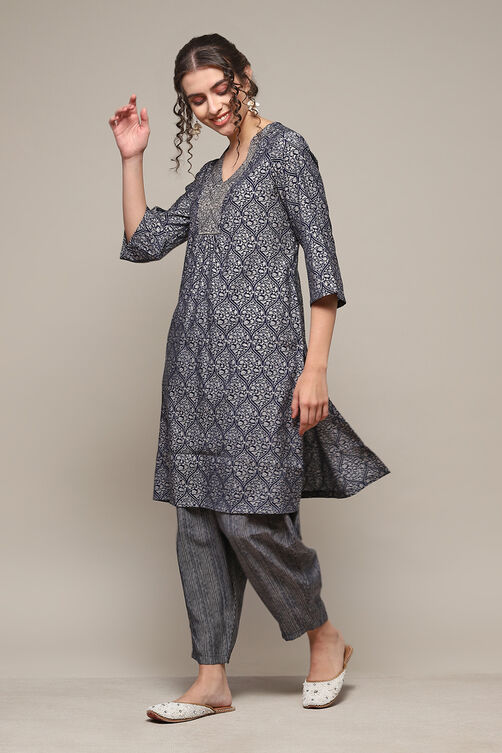 Navy Poly Viscose Straight Printed 2 Piece Set image number 3