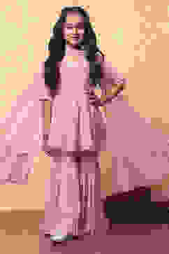 Pink Chiffon Printed Gathered Festive Flared Suit Set image number 0