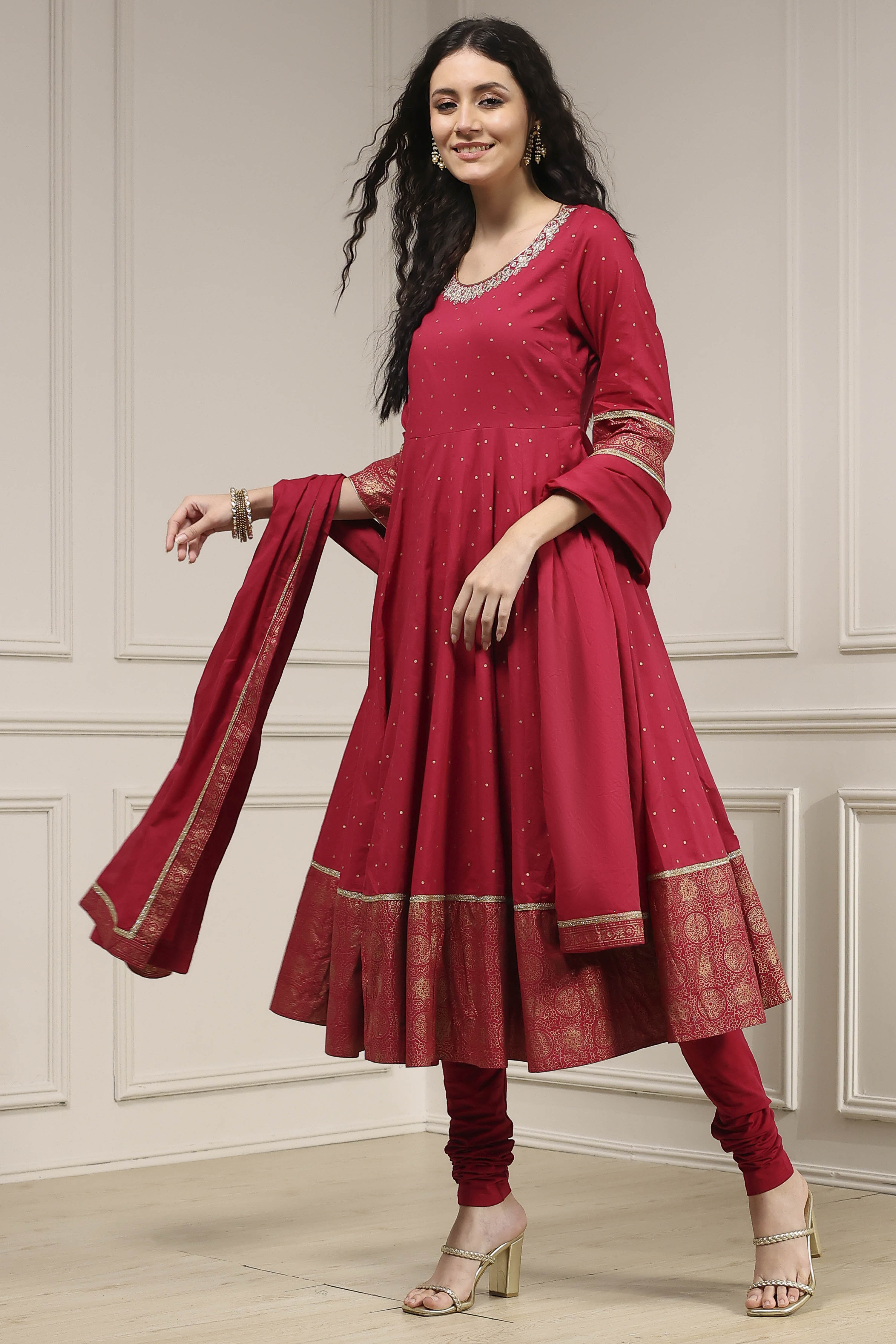 Cherry Red Cotton Printed Anarkali Suit Set image number 3