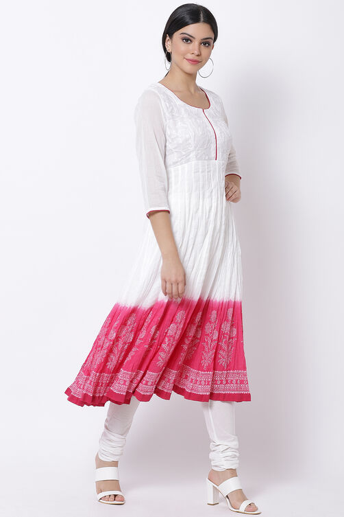 White And Blue Cotton Anarkali Kurta Churidar Suit Set image number 3