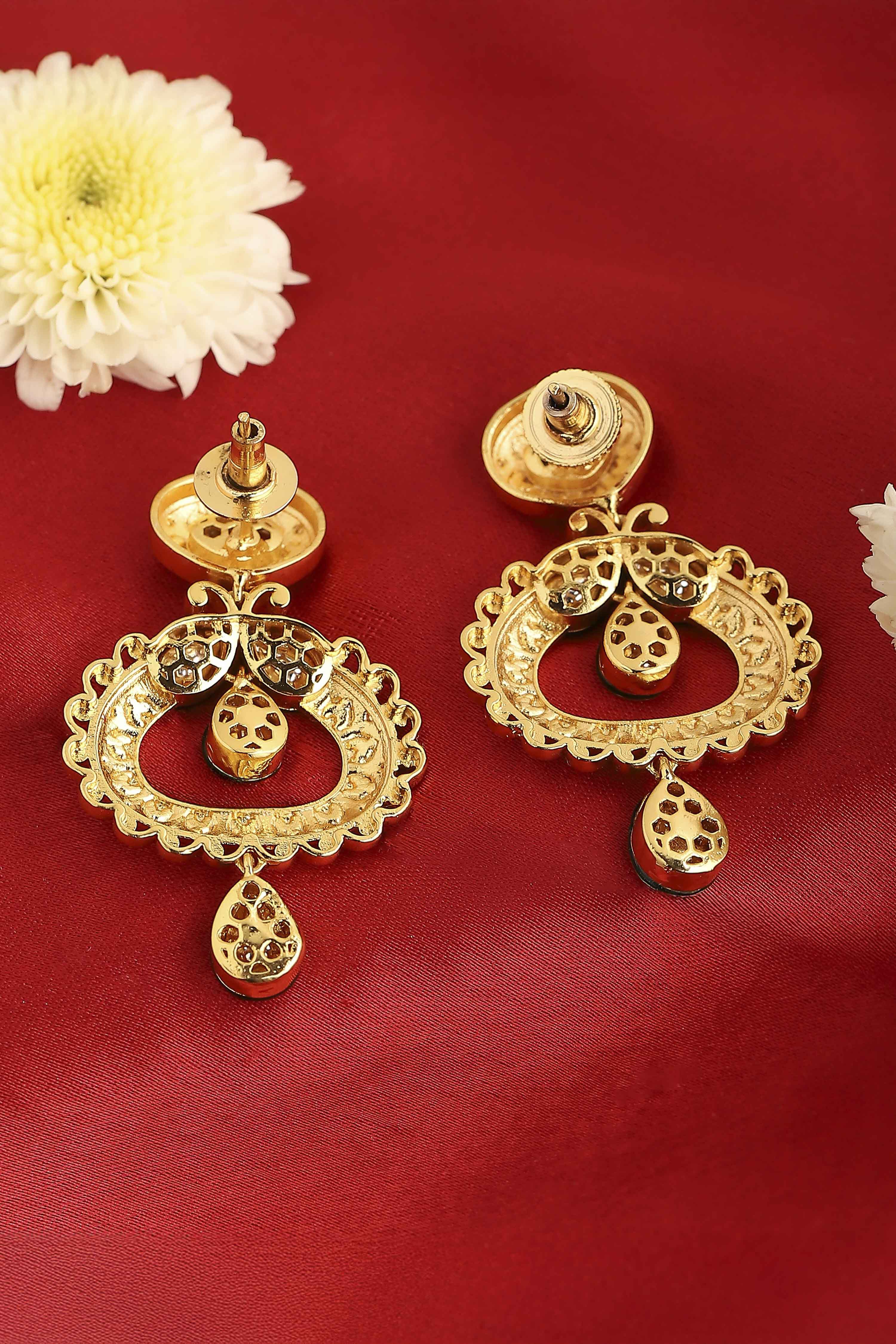 Gold Plated Brass Studded Drop Earrings image number 2