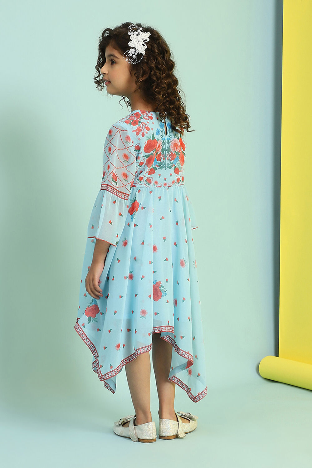 Sky Blue Printed Gathered Asymmetric Dress image number 3