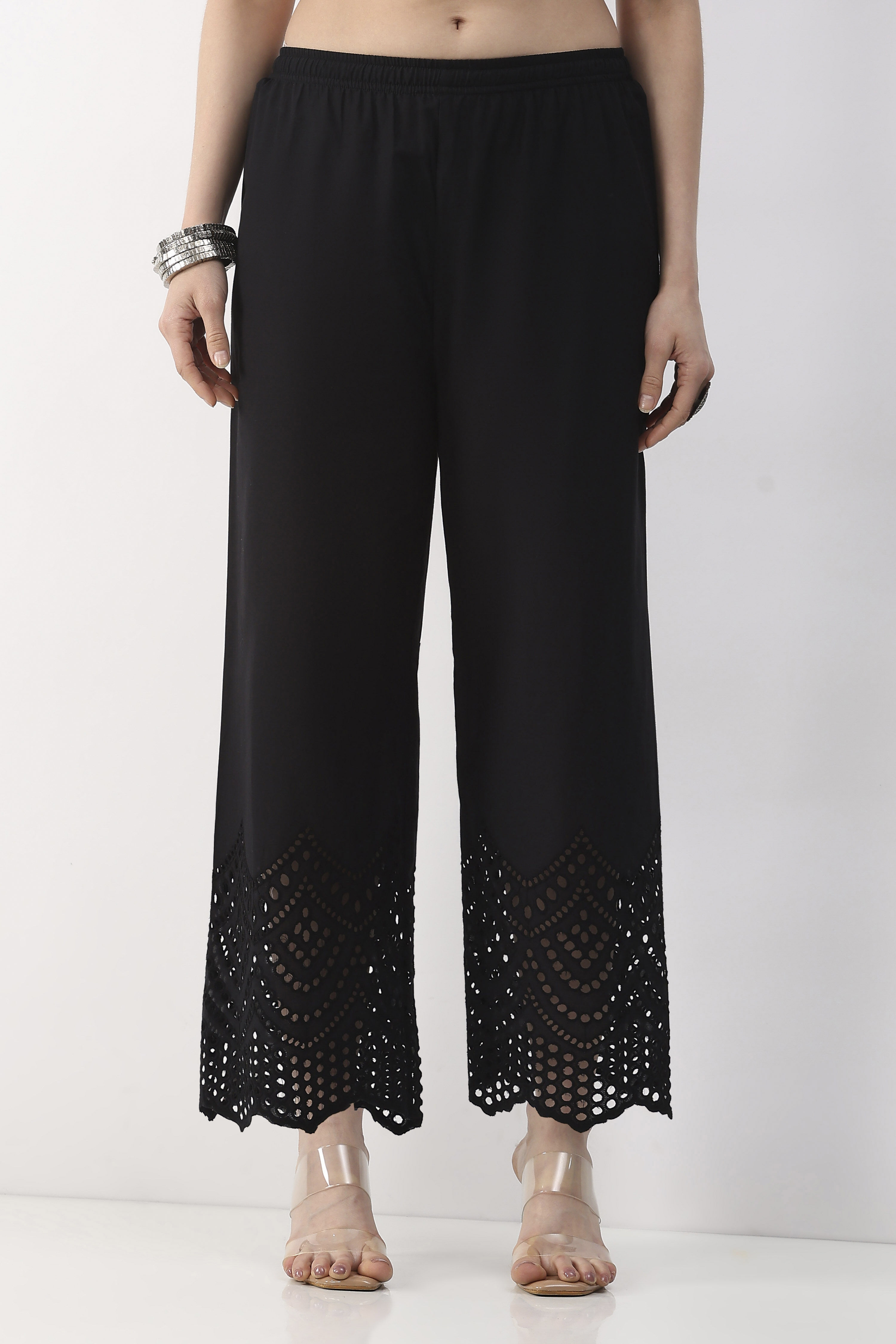 Black Cotton Straight Palazzos image number 5
