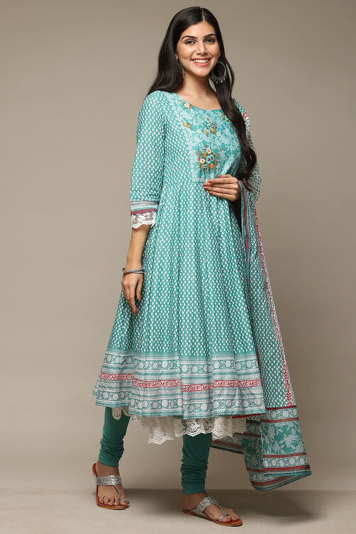 Sap Green Cotton Anarkali Kurta Churidar Suit Set image number 6