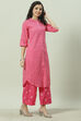 Magenta Cotton Straight Kurta Regular Pants Suit Set image number 3