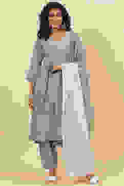 Steel Blue Cotton A-Line Kurta Cross Yoke Salwar Suit Set image number 0