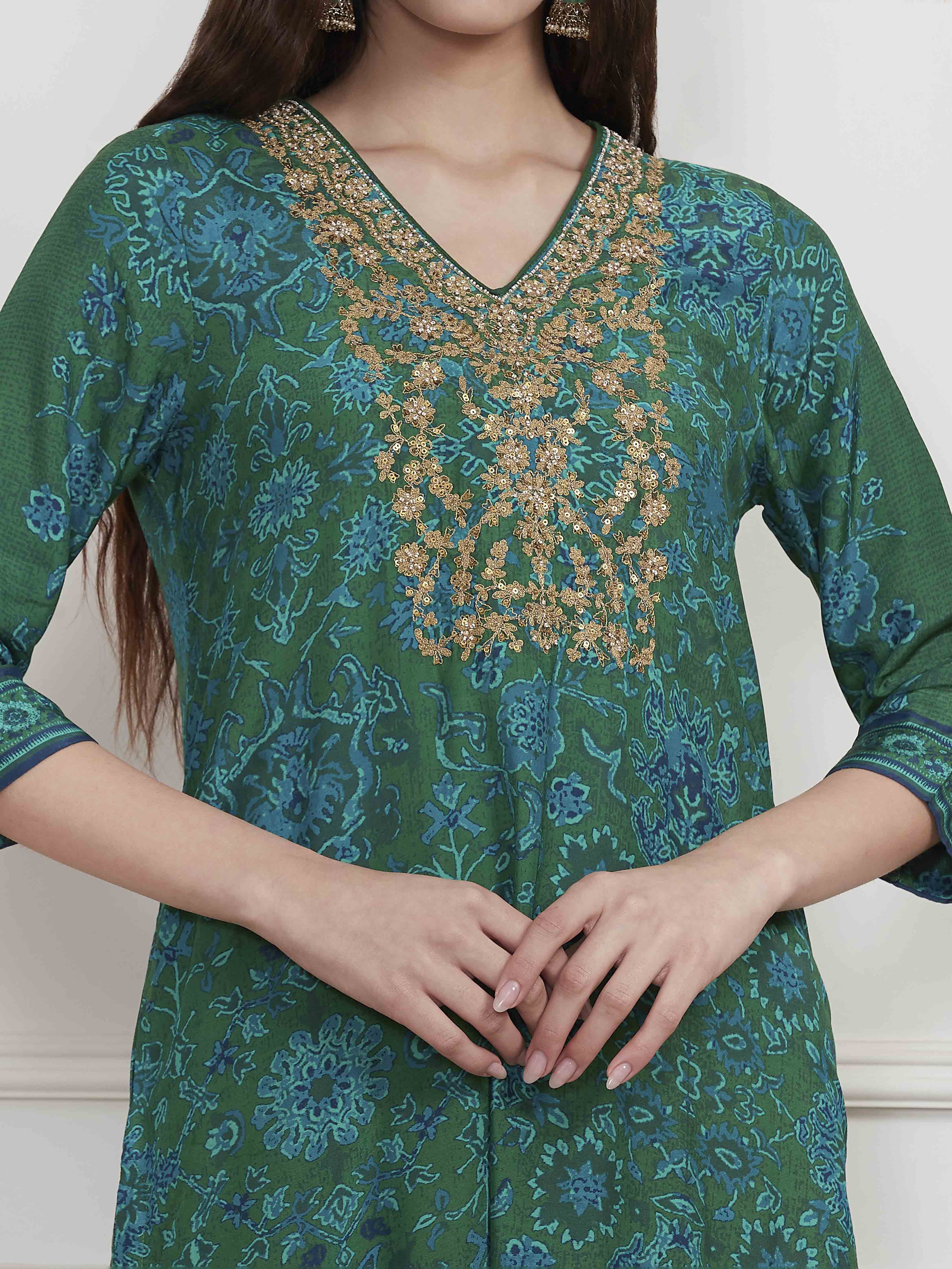 Green Modal Printed Straight Suit Set image number 1