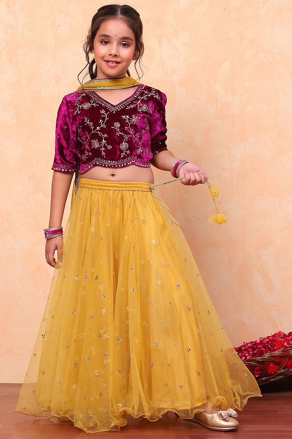 Brinjal Viscose Blend Straight Lehenga Set