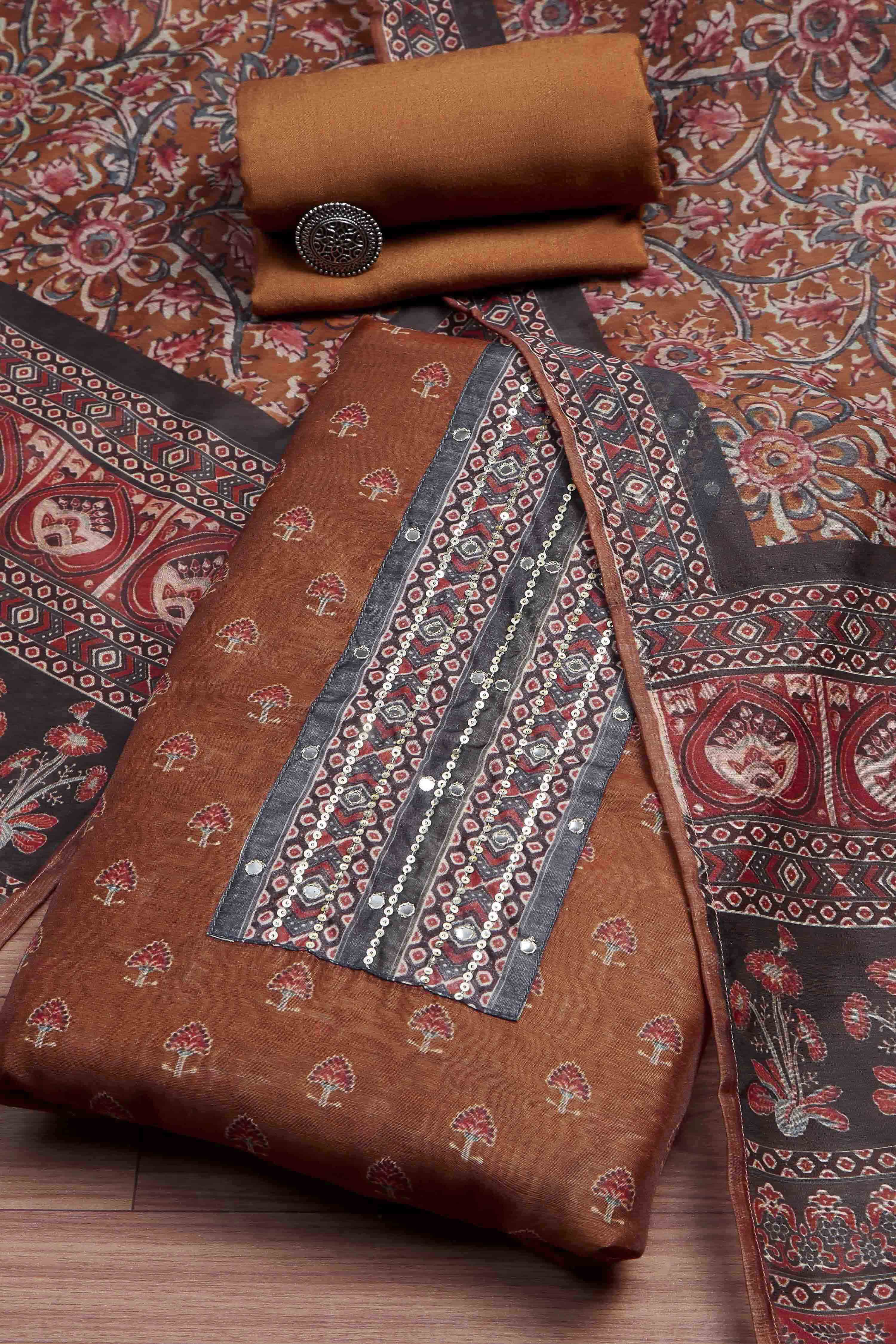 Olive Green Chanderi Rajasthani Print Unstitched Suit Set image number 0