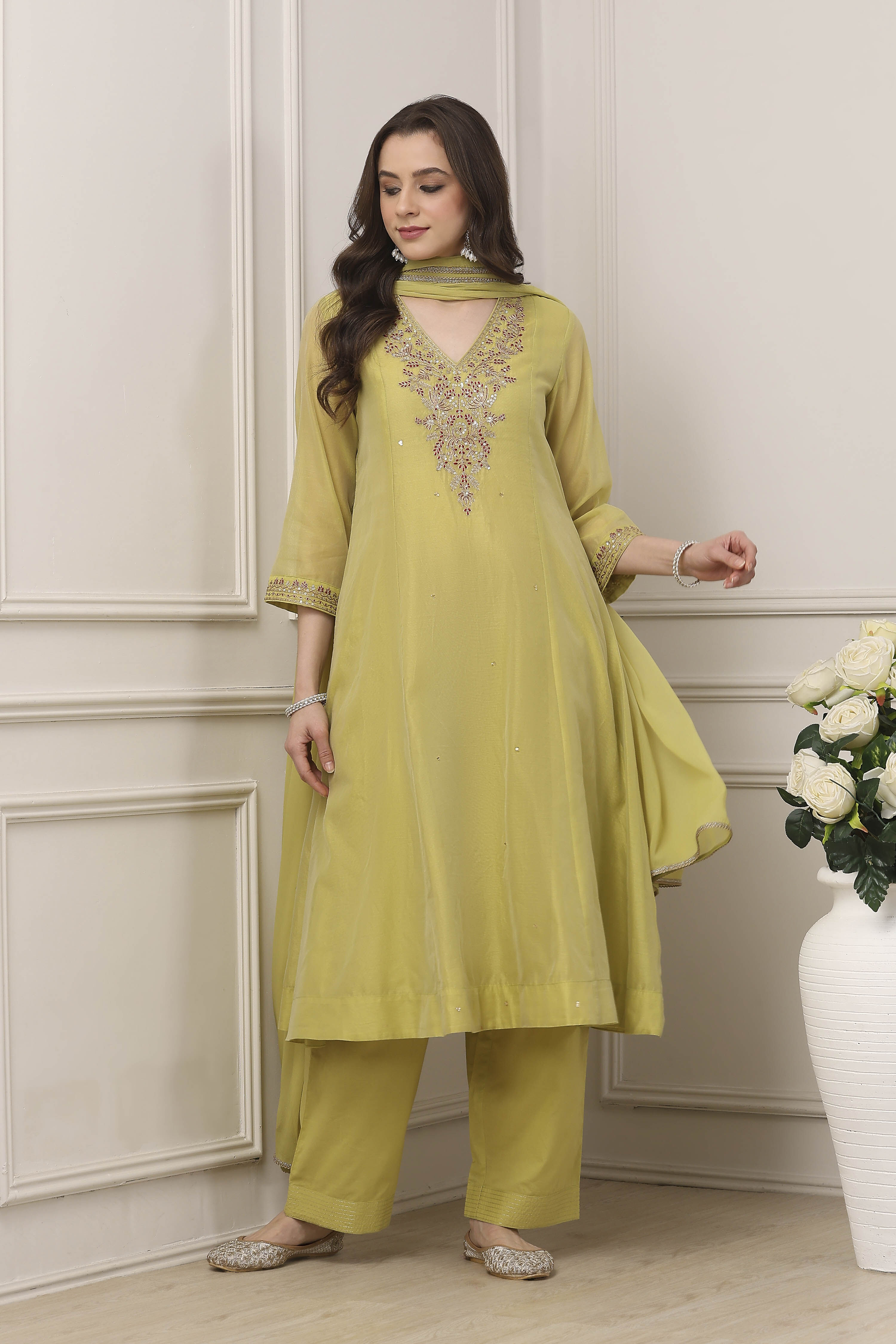 Green Poly Chanderi Sequined Kalidar Suit Set image number 0