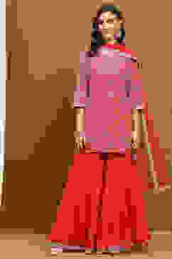 Coral Red Viscose Georgette Festive Straight Suit Set image number 6