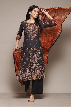 Charcoal Cotton Straight Kurta Palazzo Suit Set image number 7