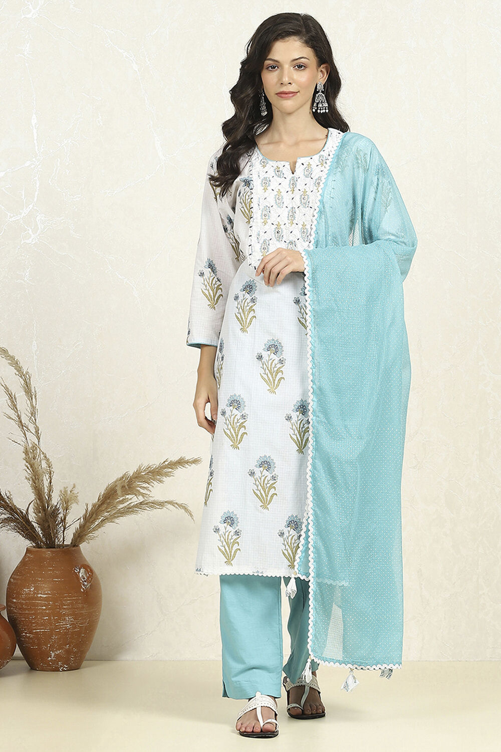 Blue and White Printed Cotton Unstitched Suit Set image number 7