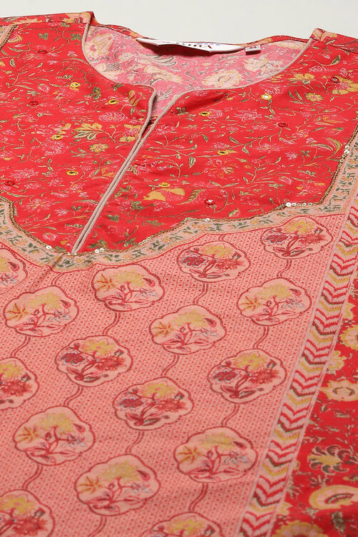 Red Cotton Blend Straight Printed Kurta Narrow Palazzo Suit Set image number 1