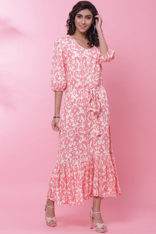 Pink Rayon Tiered Fusion Dress image number 3
