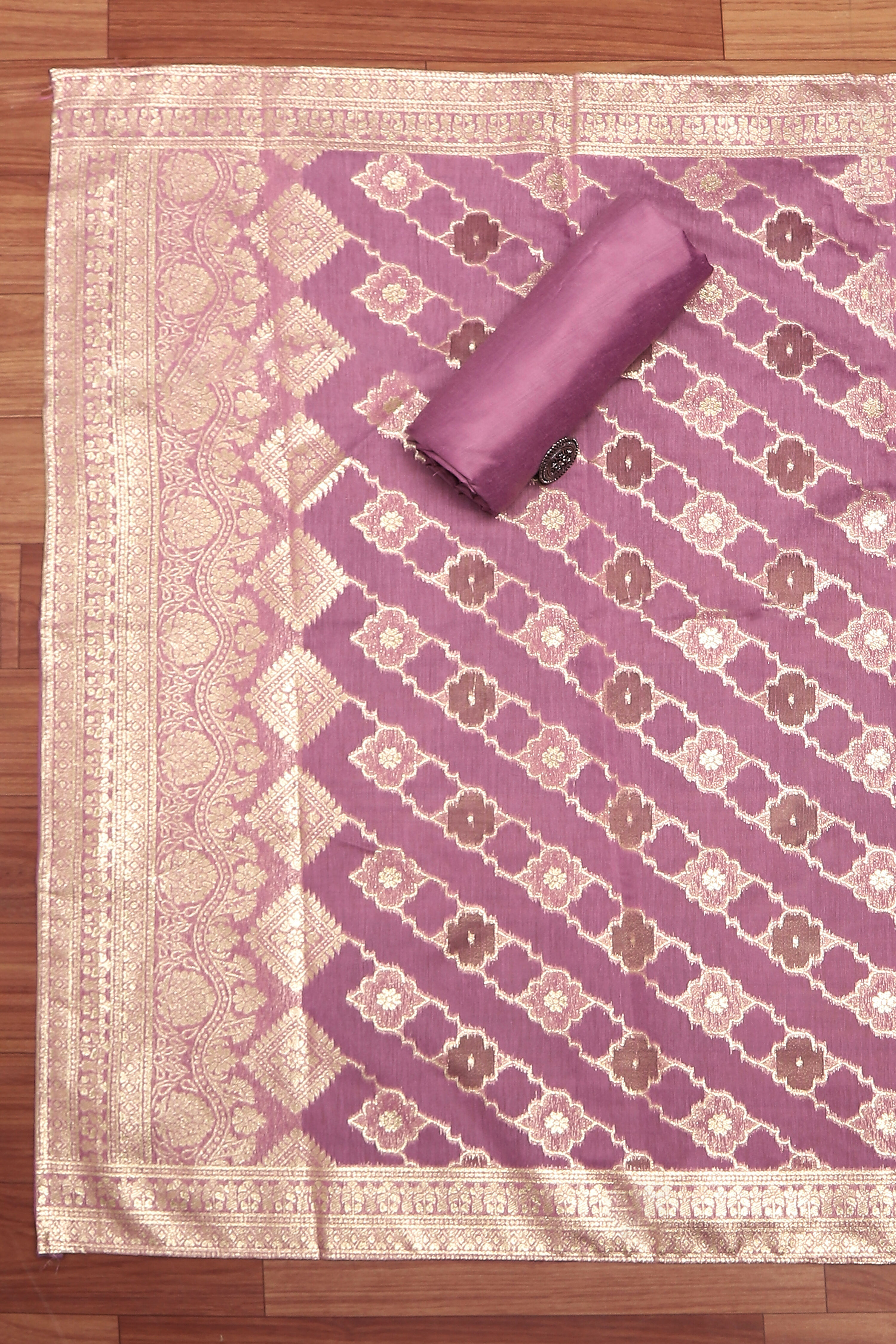 Lavender Tissue Chanderi Embroidered Unstitched Suit Set image number 3