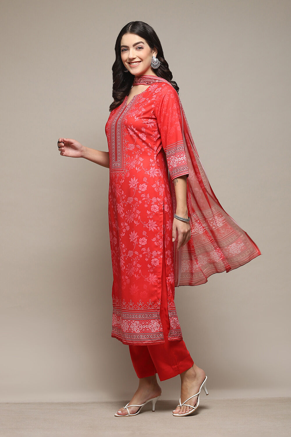 Red Silk Blend Digital Print Unstitched Suit Set image number 5