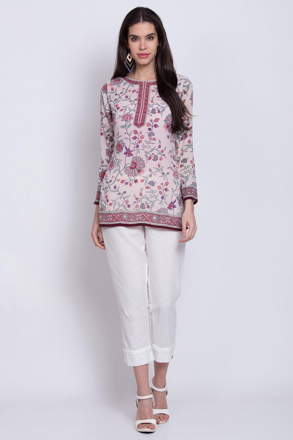Off White Cotton Blend Printed Kurti image number 0