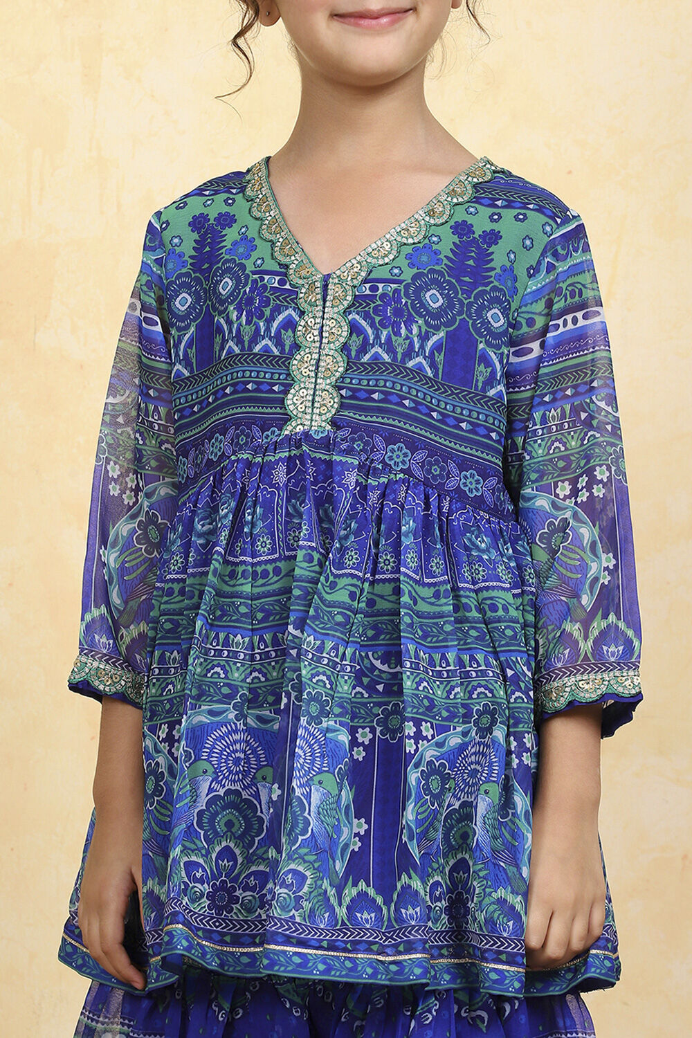 Blue Polyester Printed Gathered Sharara Suit Set image number 1