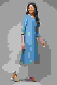 Ink Blue Cotton Straight Printed Kurta image number 4