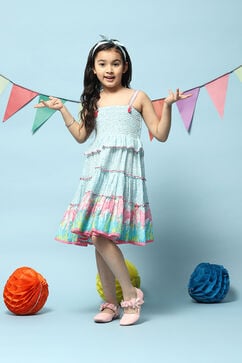 Turquoise Cotton Tiered Dress image number 0