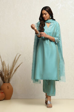 Powder Blue Solid Festive Straight Suit Set image number 6
