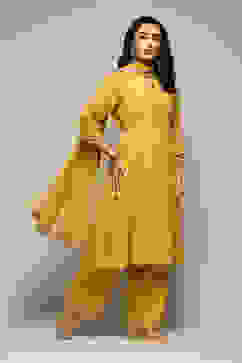 Yellow Cotton Silk Gathered Kurta Palazzo Suit Set image number 6