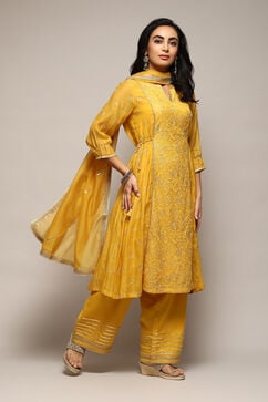 Yellow Cotton Silk Gathered Kurta Palazzo Suit Set image number 6