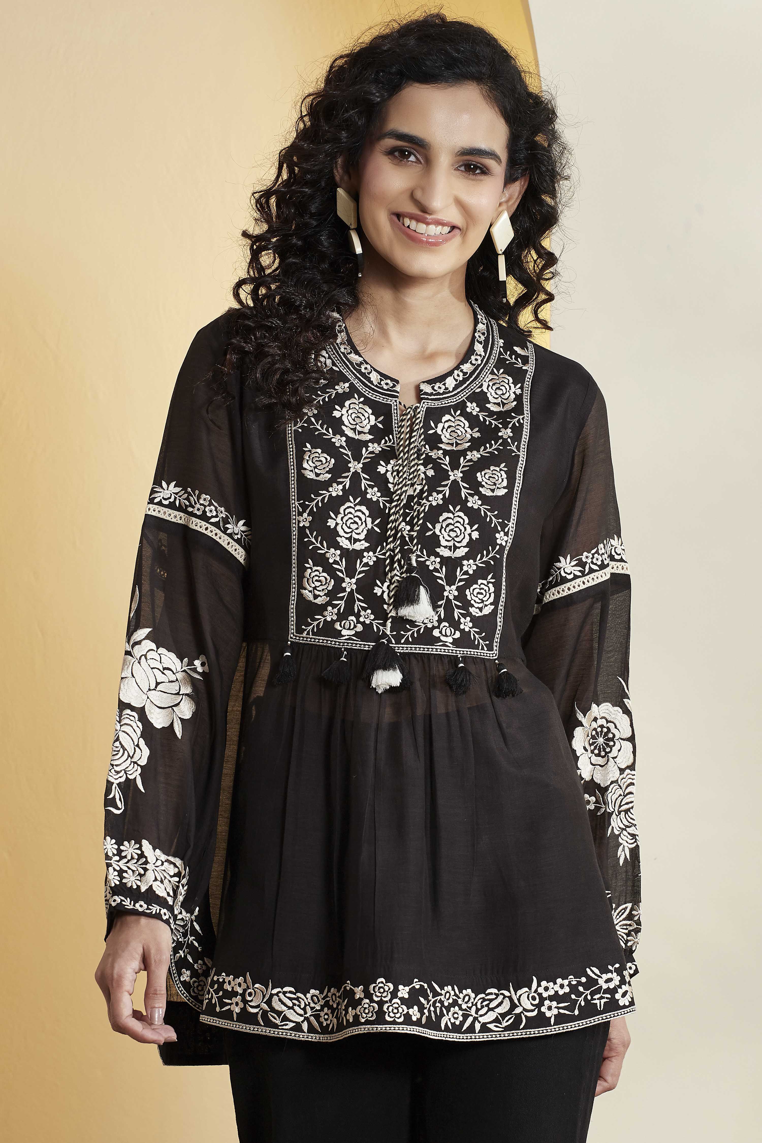Black Cotton Silk Floral Embroidered Kurti image number 6