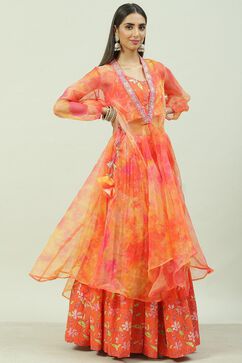 Orange Art Silk Cape Lehenga Set image number 6