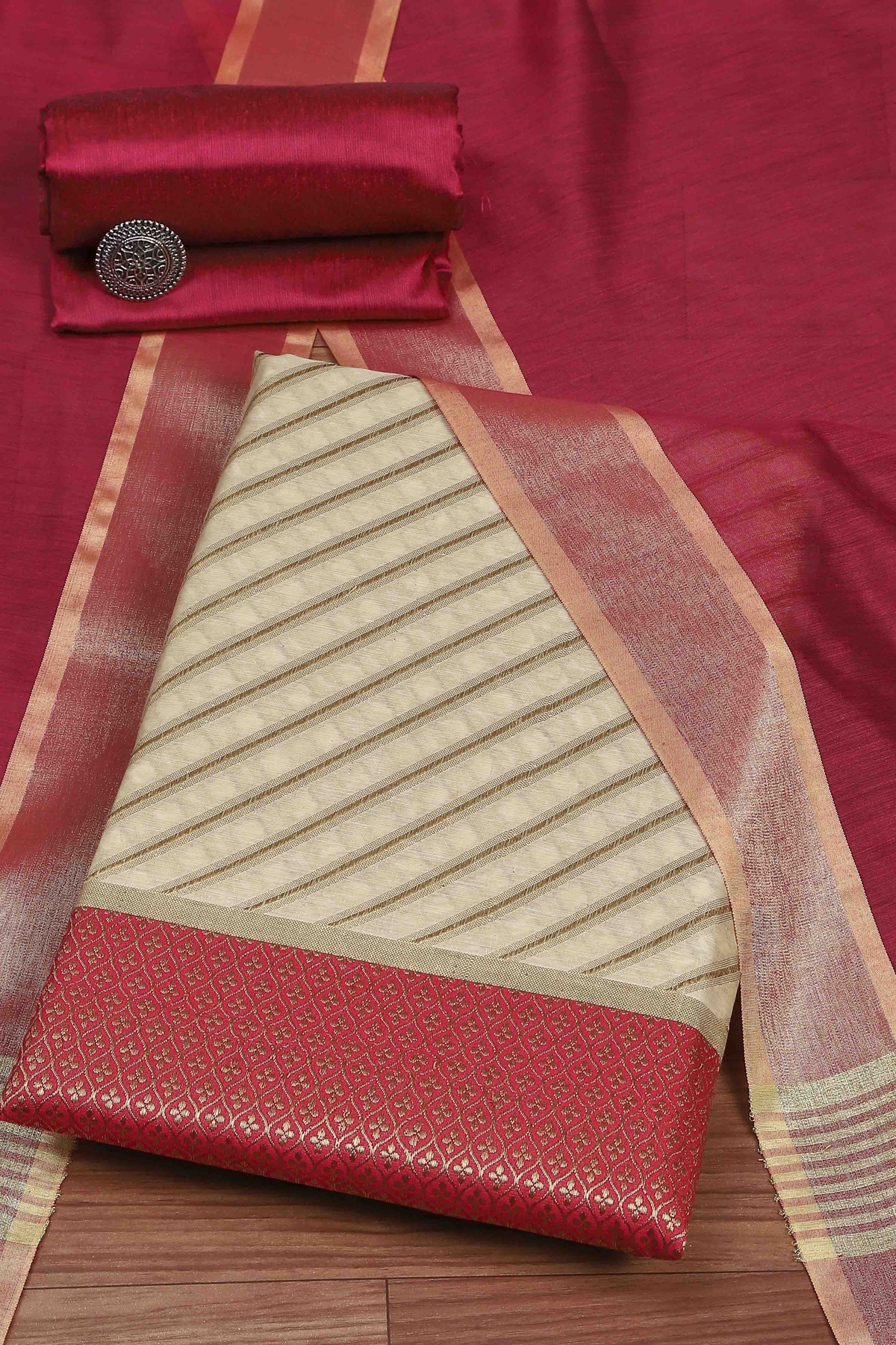 Pink Cotton Printed Embroidered Unstitched Suit Set