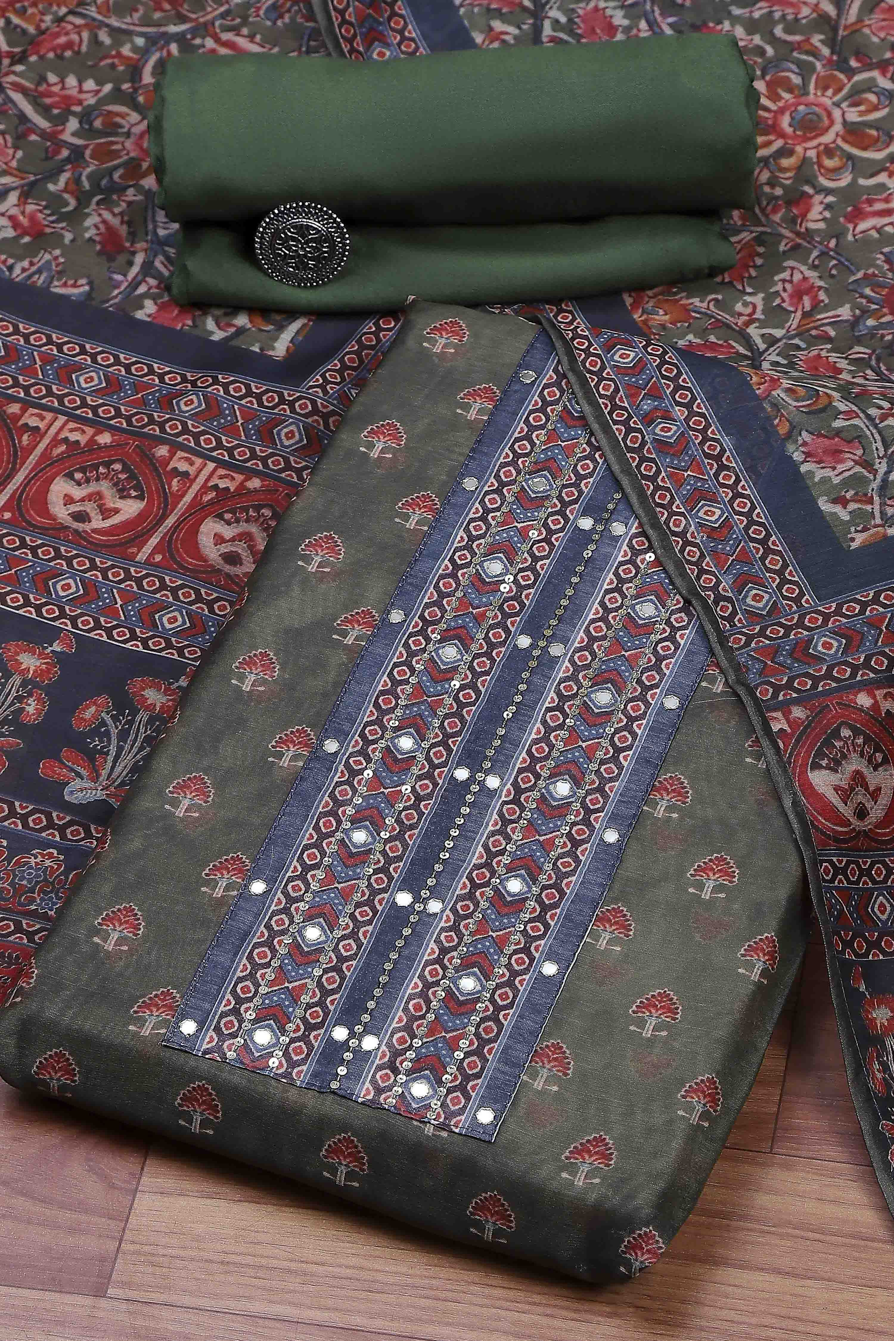 Olive Green Chanderi Rajasthani Print Unstitched Suit Set image number 0