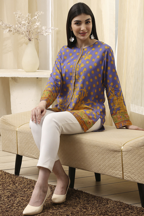 Purple Muslin Printed Straight Short Kurta image number 0