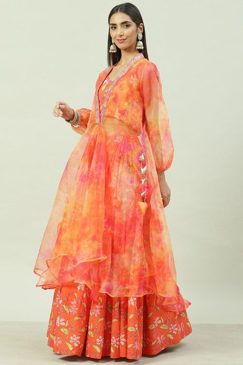 Orange Art Silk Cape Lehenga Set image number 5