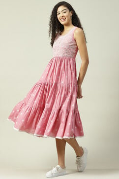 Pink Cotton Flared Printed Dress image number 2